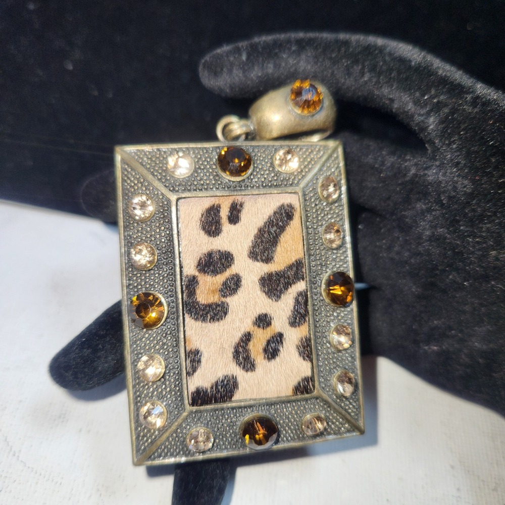 Vintage Leopard Print Rectangle Pendant Amber color glass‎ Brass Tone